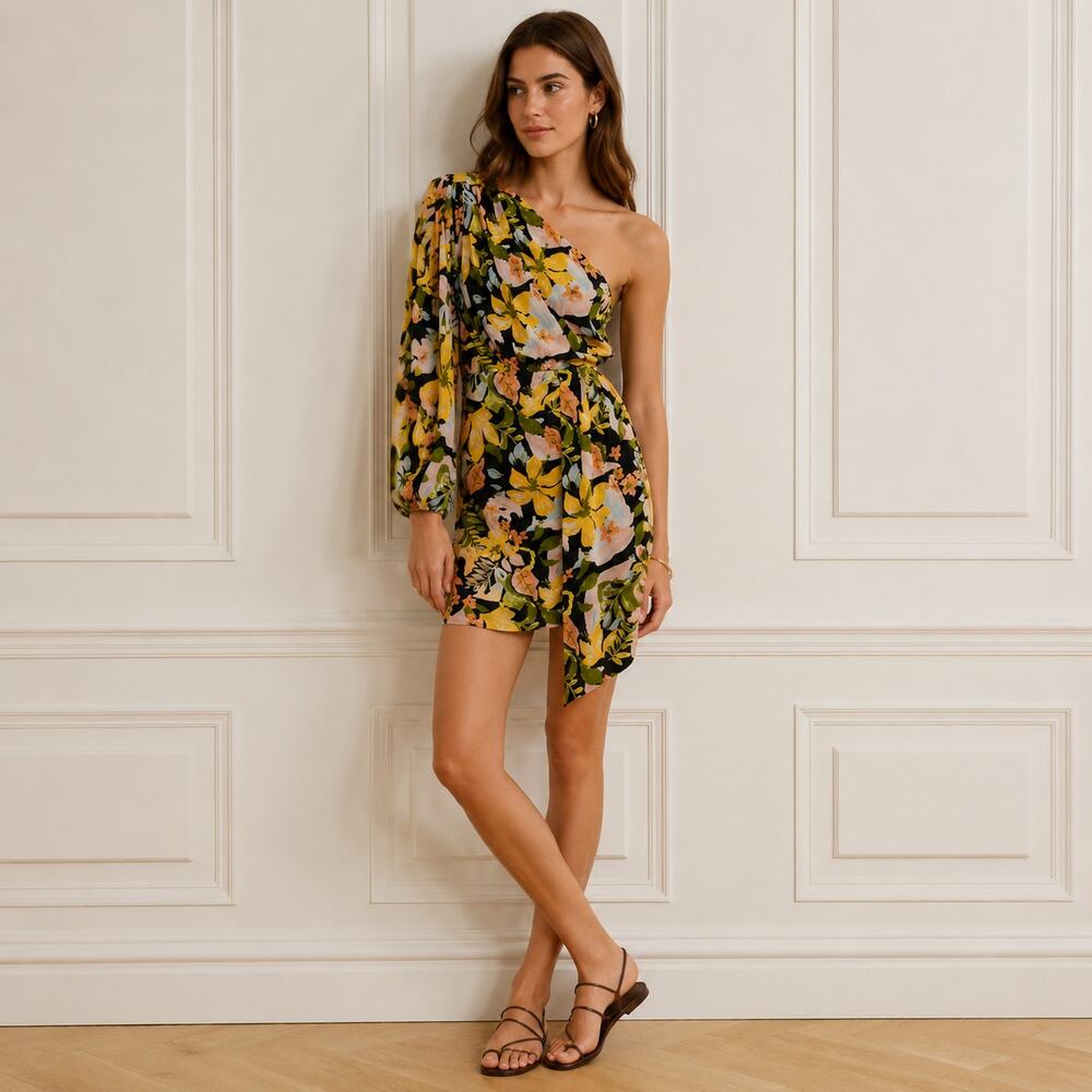 Saylor Nazila Dress Womens S Black Floral One-shoulder No stretch Draped Mini